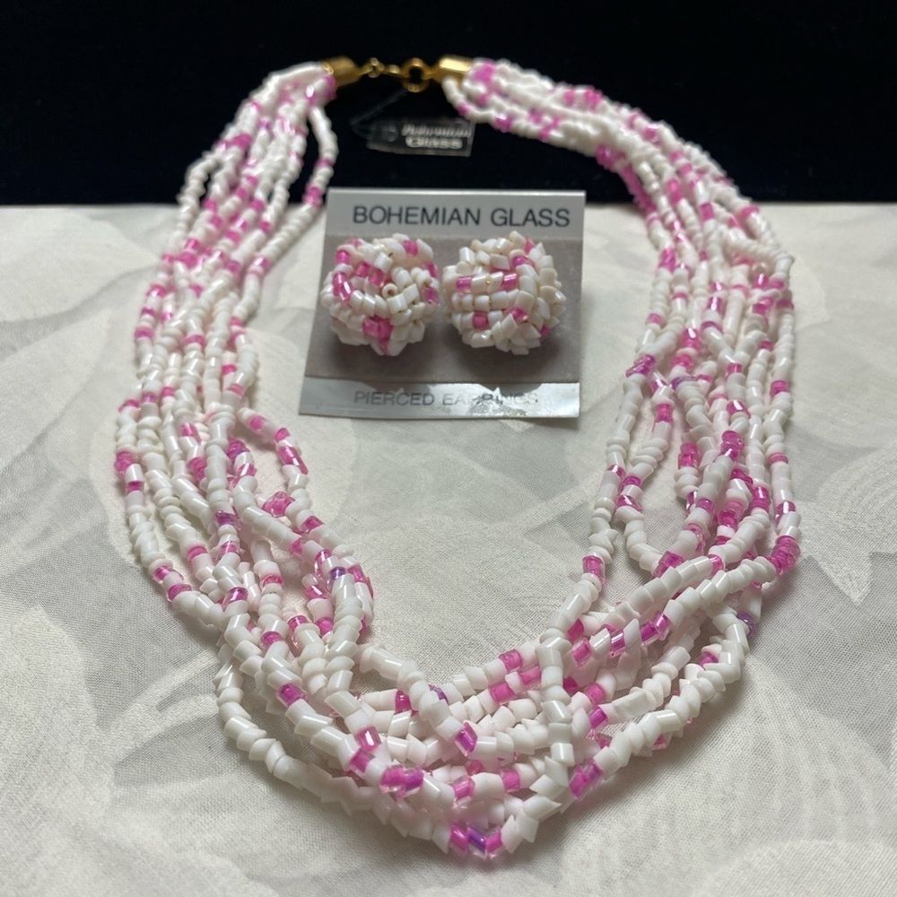 Vintage Pink and White Bohemian Glass MultiStrand Necklace Set NWT